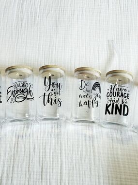 Inspirational Glass Cup Set with Bamboo Lids – Set Of 6 – 16oz